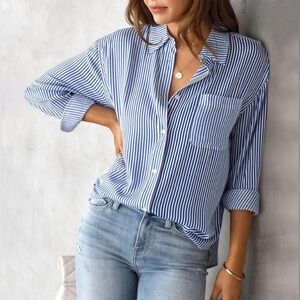 Gloria Vanderbilt Oversized Amanda Marine Navy Striped Shirt